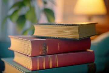 Poster - A close-up shot of three books stacked on a table, with no other objects or distractions in the frame