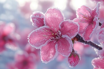Poster - A close-up view of a pink flower covered in frost, ideal for winter or cold-themed contexts