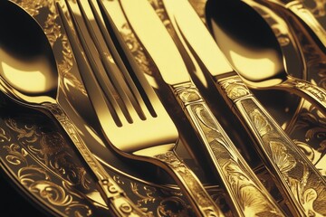 Poster - A golden plate with silverware and spoons placed on top, suitable for use in still life or vintage-themed compositions