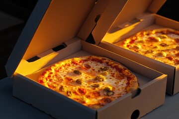 Poster - Freshly baked pizzas sit open on a table, perfect for a party or gathering