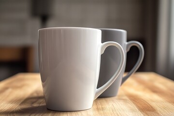 Aufkleber - Two coffee mugs sitting on a wooden table, ready for use