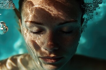 Aufkleber - Close-up shot of a woman's face submerged in water, ideal for use in scenes depicting oceanic or aquatic themes