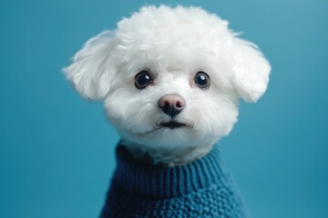 Wall Mural - A small white dog wearing a blue sweater