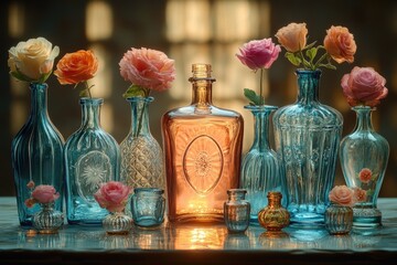 Poster - Group of glass vases filled with fresh flowers, perfect for decoration or gift giving