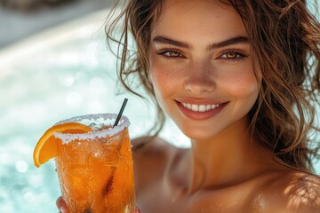 Poster - A young woman enjoying a drink by the pool