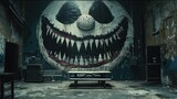 A creepy clown face mural dominates a derelict building's interior, featuring a picnic table in the foreground.