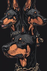 Sticker - Three Doberman dogs wearing collars on a dark black background