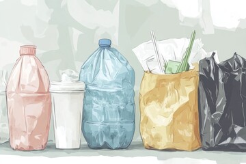 Poster - A collection of plastic bottles and cups on a table, highlighting the problem of plastic pollution