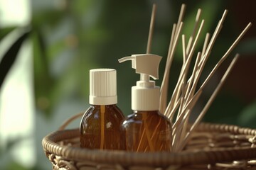 Poster - A wicker basket filled with various items, including bottles of liquid and toothbrushes
