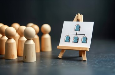 Wall Mural - wooden figurines represent employees in team. small easel displays hierarchy chart indicating team s