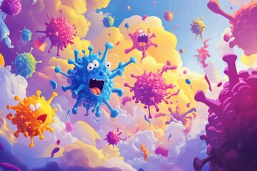 Poster - Playful cartoon viruses engage in a lively battle with antibodies in a colorful animated atmosphere. Generative AI
