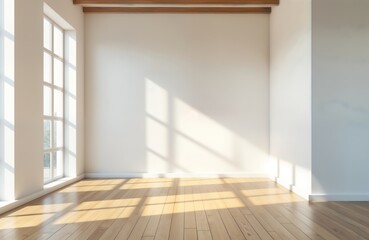 Poster - Empty modern loft room with white walls, wooden floors. Sunlight streams through large window creating shadows on floor. Interior design concept for contemporary home apartment. Ideal for furniture