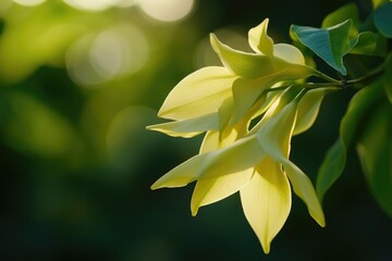 Poster - Close-up shot of a bright yellow flower growing on a tree branch