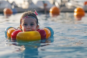 Poster - A little girl is shown floating on her back in a pool, surrounded by water and holding onto an inflatable toy