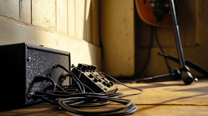 Poster - A guitar amplifier sits on a wooden floor, ready for use