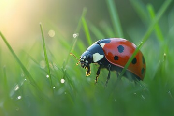 Aufkleber - A single ladybug sits atop a vibrant green field, perfect for use in nature-inspired designs or as a symbol of good luck
