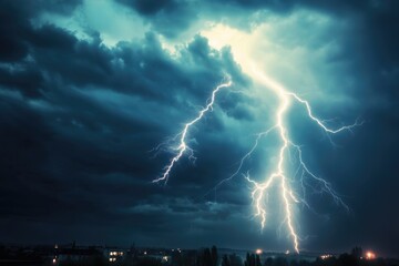 Poster - A sudden strike of lightning illuminates the city skyline, with people looking up in awe