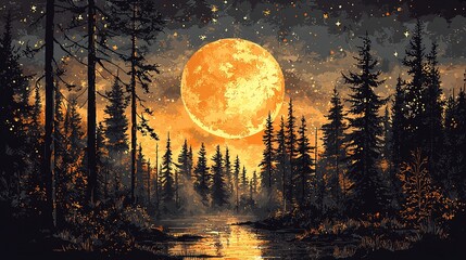 Wall Mural - Orange moonrise over a tranquil forest lake at night.