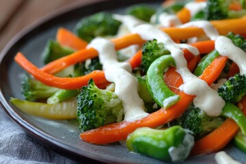 Sticker - A colorful plate filled with various vegetables including broccoli and carrots