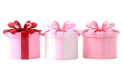 Poster - A red and pink gift box tied with ribbons rendered in 3D style on a white background