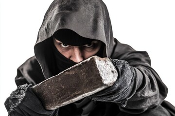 Poster - A person wearing a black hooded jacket holds a hammer, ready for action