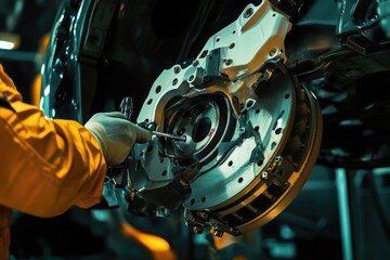 Poster - A person in a yellow jacket works on a vehicle in a well-lit garage