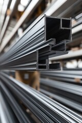 Poster - A collection of metal pipes stacked vertically, ideal for industrial or construction themed projects