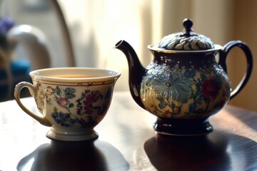 Poster - A tea pot and cup setting on a wooden table