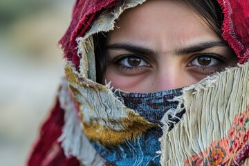 Poster - A close-up shot of a person's head and neck, with a scarf wrapped around their face