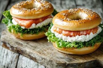 Poster - Freshly baked bagels topped with smoked salmon, crispy lettuce, and a hint of creaminess