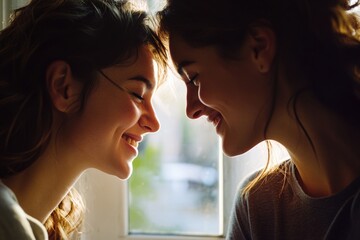 Wall Mural - Two female friends or colleagues standing together, possibly in a professional setting