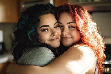 Poster - Two women embracing in a warm and cozy kitchen setting, ideal for family moments or friendship displays