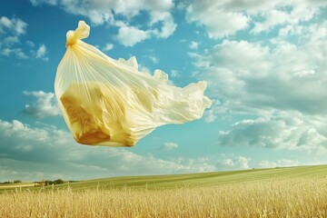 Poster - A person carrying a plastic bag in a green field, suitable for use as an environmental or eco-friendly illustration