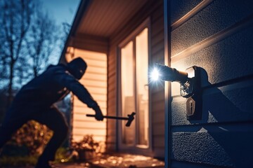 Poster - A person wearing a gas mask opens the door of a residential building