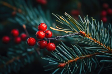 Aufkleber - A close-up view of a tree branch covered in red berries