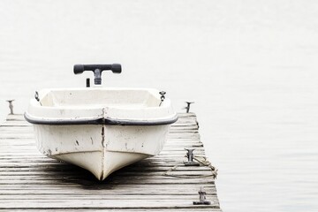 Poster - A white boat sits on the edge of a wooden dock, ready for use or storage