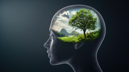 Aufkleber - A surreal image of a man's head with a tree growing inside his skull