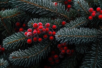 Poster - Close-up of a pine tree branch with bright red berries, great for autumn or winter themes