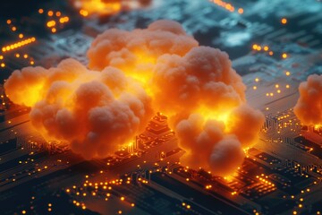 Poster - A close-up view of a computer motherboard with thick smoke emitting from it