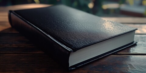 Poster - A black book sits on top of a wooden table, perfect for studying or reading