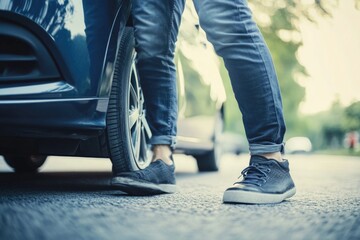 Poster - A person stands next to a blue vehicle, great for use in transportation or automotive concepts