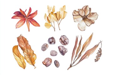 Poster - A still life image featuring diverse types of leaves and flowers