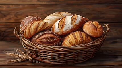 Wall Mural - Assorted artisan bread loaves in wicker basket on wooden table with wheat.