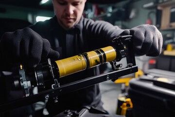Poster - A person tinkering with a machine in a typical garage setting, possibly indicating a DIY or repair project