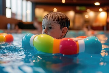 Poster - A young boy enjoying himself in a pool surrounded by balls, great for kids' illustrations or leisure concepts