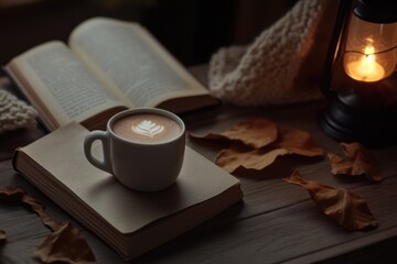 Poster - A cup of coffee sits on top of an open book, perfect for a cozy morning or afternoon