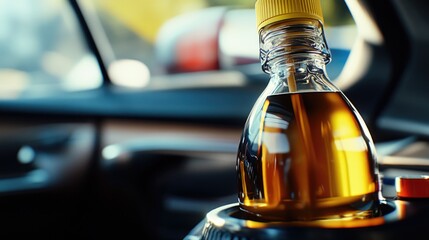 Poster - A bottle of liquid sits on the dashboard of a car