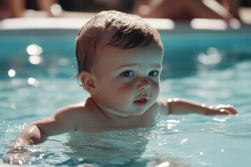Poster - A young child splashing around in a pool with adults and possibly other kids in the background