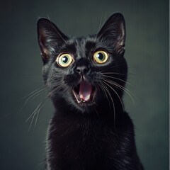 Poster - A close-up shot of a black cat's face, its mouth open in a curious expression
