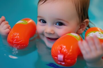 Poster - A happy kid having fun playing with orange pool balls in a pool